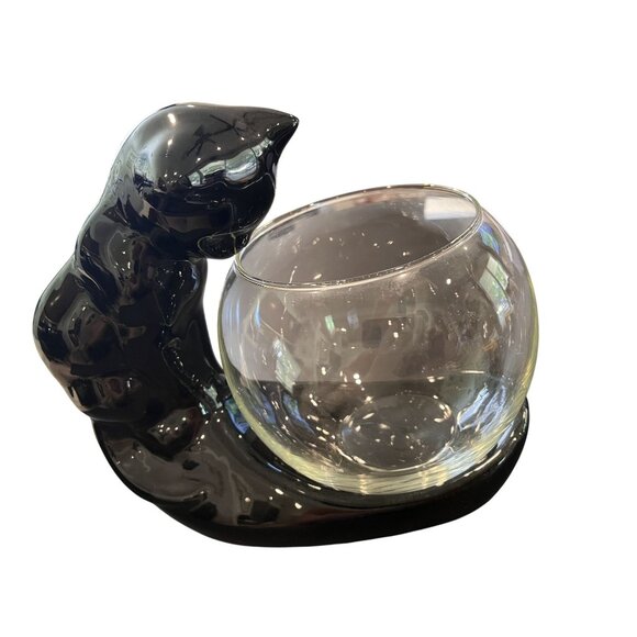 Vintage Haeger Pottery Black Cat Sculpture With Fish Bowl Planter 8" - Picture 2 of 10